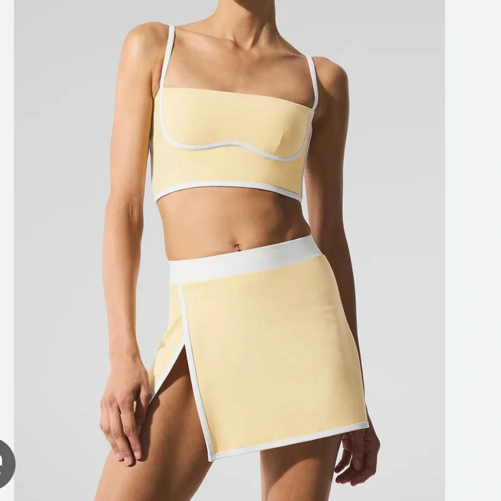 Set! ALO Outfit Streamlined Airbrush Bra Tank XS & skirt XS Warm Butter & White